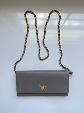 Prada Taupe Leather Chain Wallet with Gold Hardware